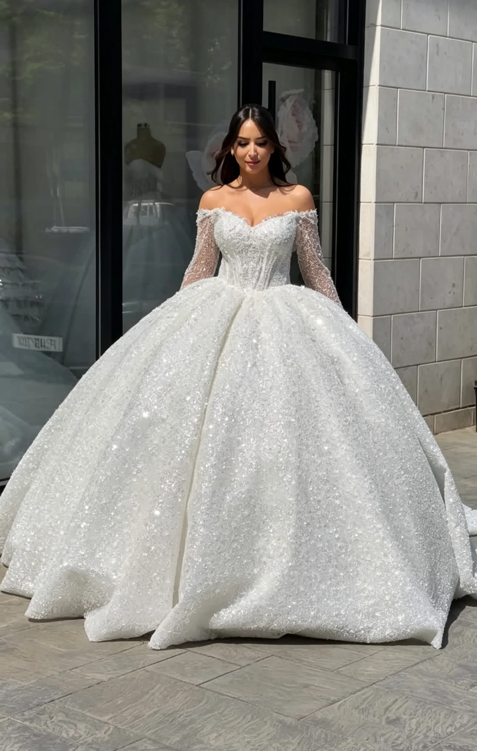 Customized Sweetheart Off Shoulder Long Sleeve Ball Dress Wedding Dress Elegant Shining Fluffy Princess A-line Bride Dress