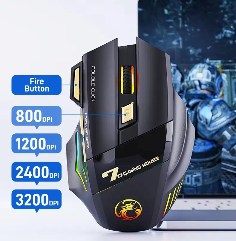 IMICE GW-X7 Wireless Gaming Mouse 7 Programmable Keys 3200DPI Adjustable RGB Backlit Rechargeable Mouse For PC Computer Laptop