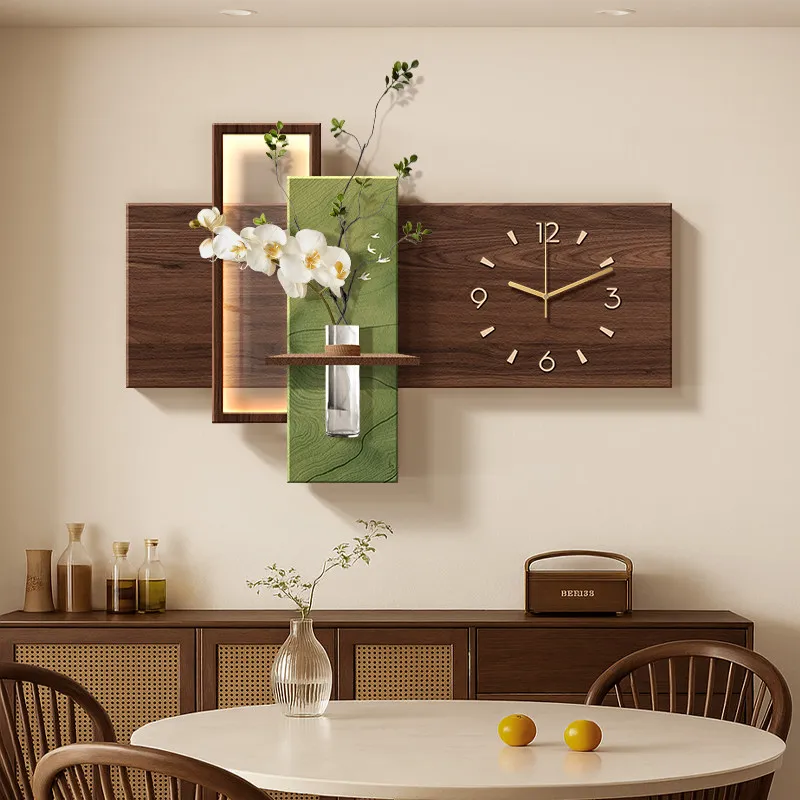 Medieval Style Entryway Decorative Painting Wall Clock With Hydroponic Greenery Hanging Art Wall Watch With Clock And Wall Lamp