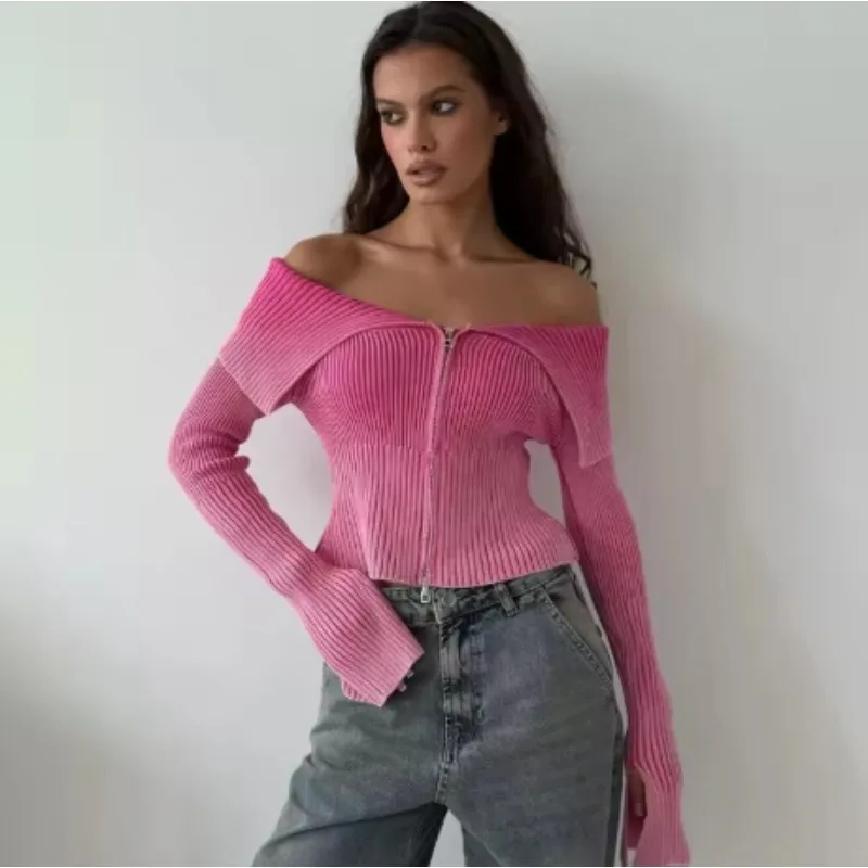 

Y2K Solid Ribbed Knit Off Shoulder Top Full Front Zip Long Sleeve Fitted Cropped Slim Sweater Pullover Valentine Gift 260701