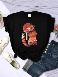 Japanese Style Cool Fox Retro PrintingT Shirt Women Fashion Casual Tee Loose Summer Tops Personality Crewneck T-Shirt