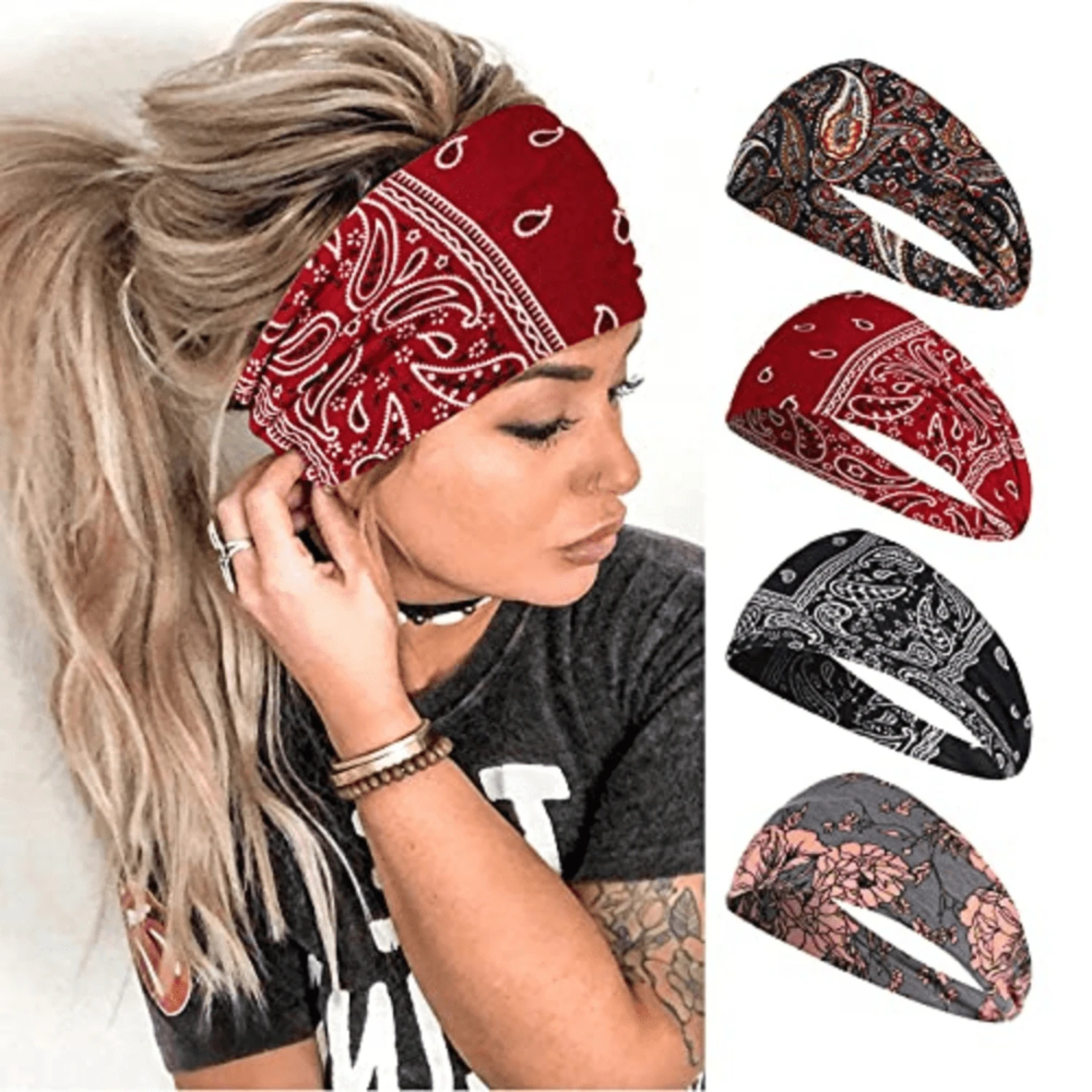 4pcs/pack  Headbands Stretch Print Bandana Headbands Cross Knotted Head Wrap For Yoga Workout Daily Wear For Women And Girls