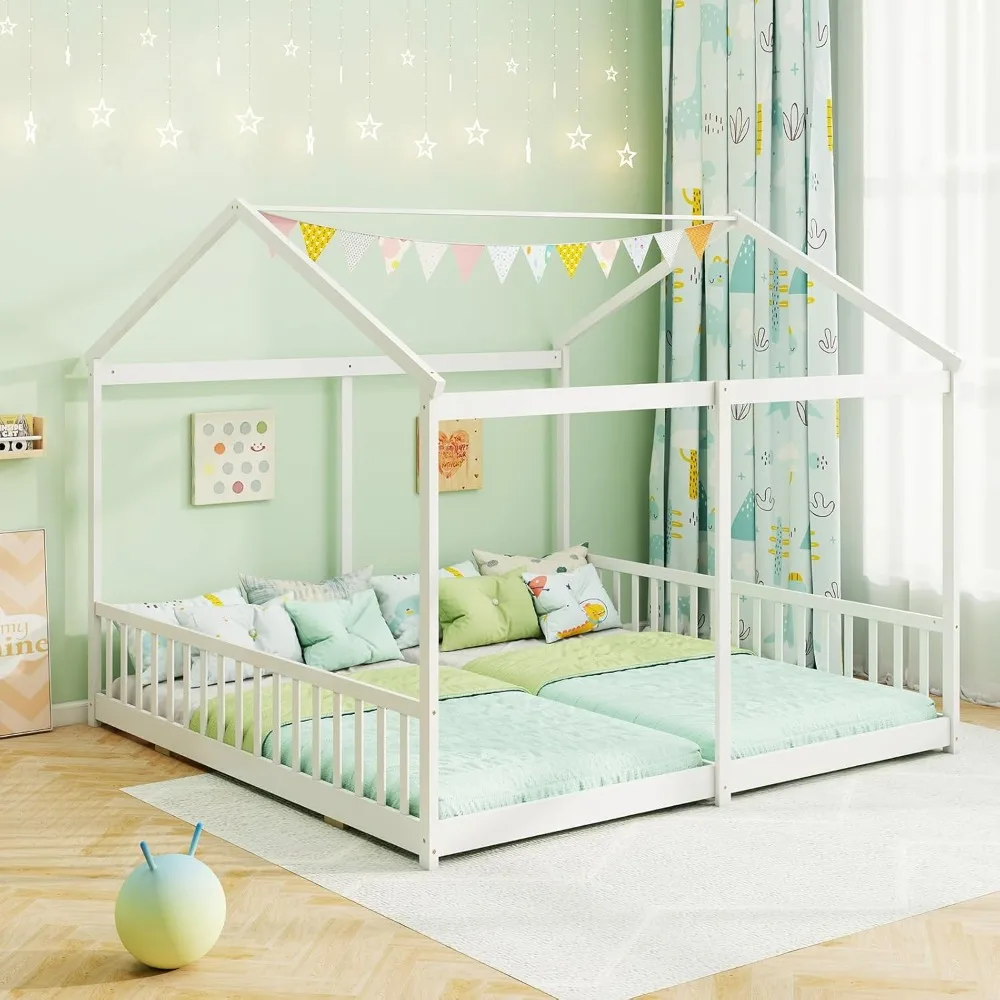 

Double Twin Floor House Bed, House Platform Beds for 2 Kids, Double Montessori Floor Bed with Safety Guardrails, No Box