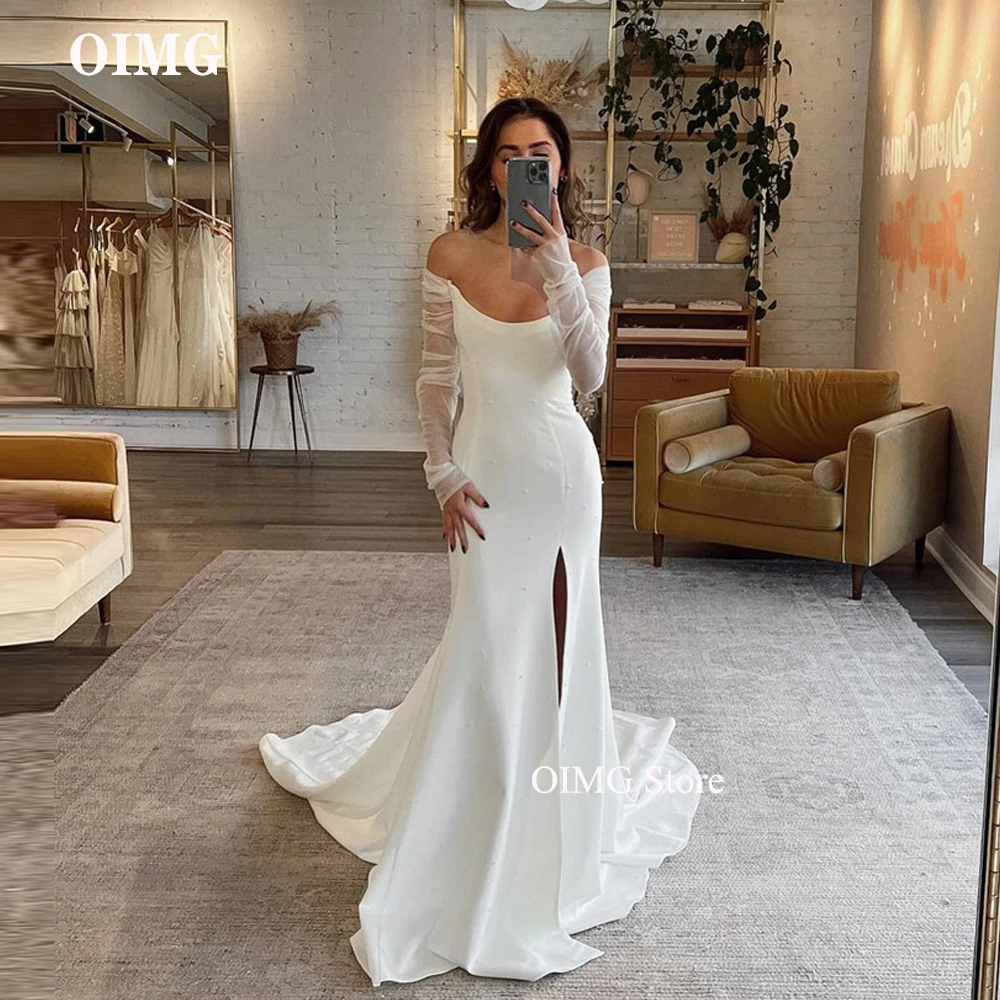 

OIMG Elegant Stretch Satin Mermaid Wedding Dresses Long Sleeves Off the Shoulder Side Split Bridal Gowns Simple Robe de mariage