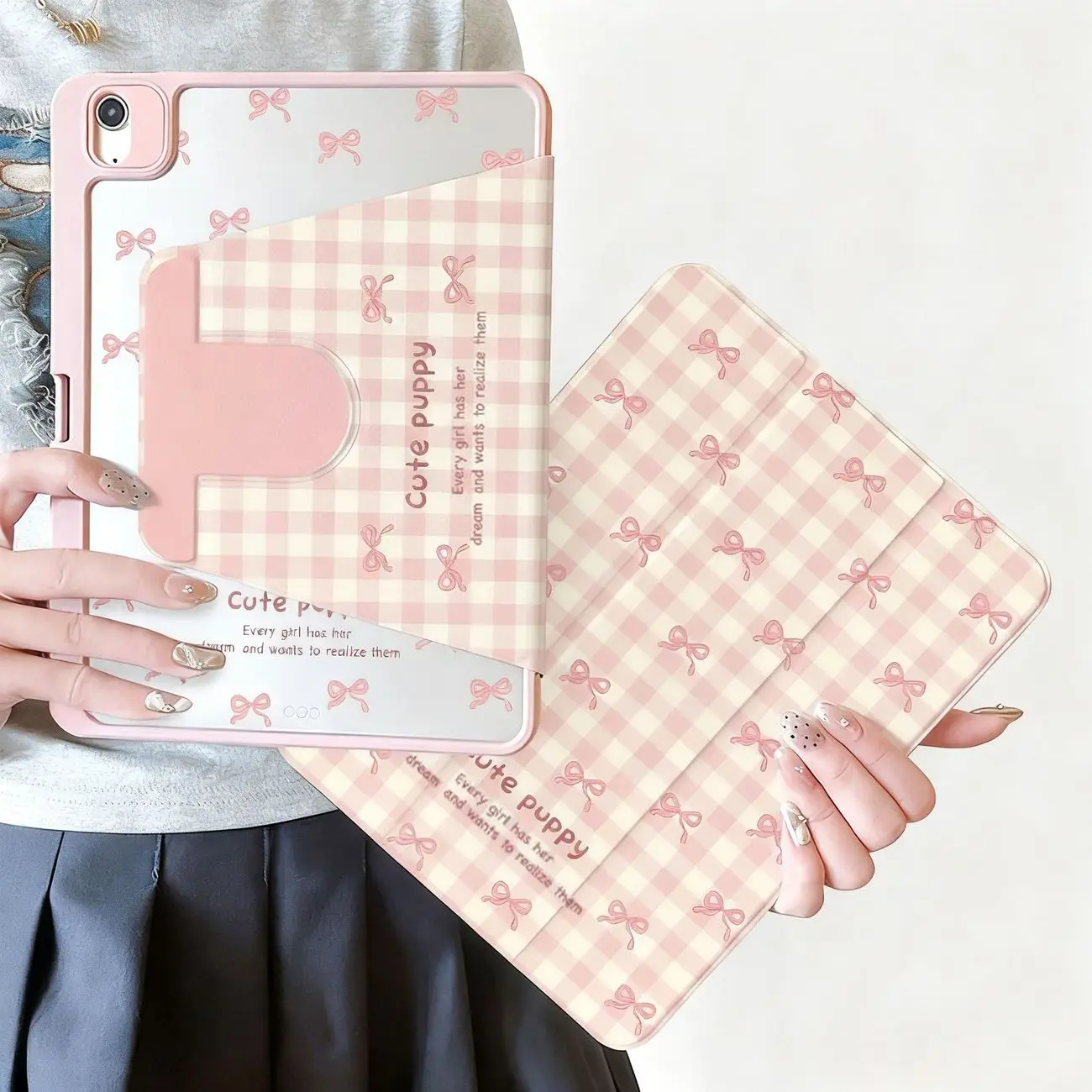 Korean Pink Rotating 3Foid Bow iPad Case For iPad Pro 12.9in Air7 10th 11th iPad Pro 11 13in 2025 M4/5 Anti-fall Protected Cover
