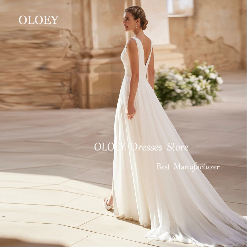 

OLOEY Elegant Ivory A Line Wedding Dress V Neck Sleeveless Bridal Gown Beads Pearls Chiffon Zipper Back Custom Made