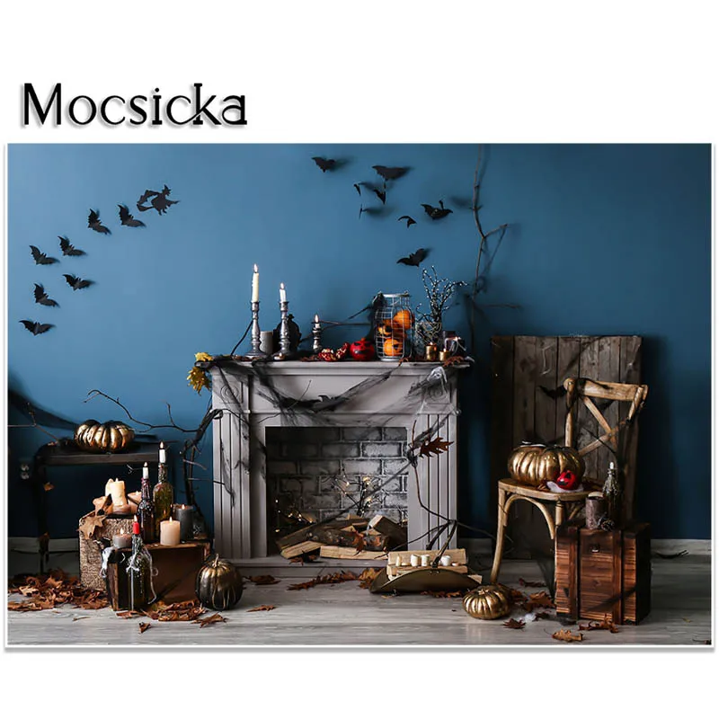 Mocsicka Halloween Photography Backdrop Fireplace Pumpkin Bat Decoration Background Kids Adults Portrait Photoshoot studio props