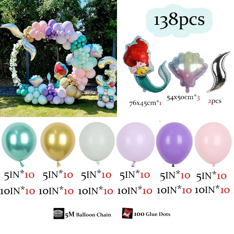 138Pcs Disney Mermaid Balloon Garland Arch Kit Girls Birthday Party Decor Kids Baby Shower Latex Ballon Wedding Party Supplies