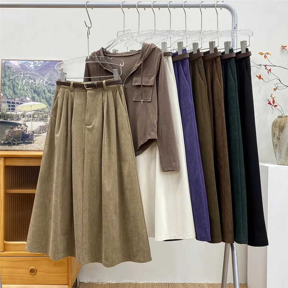 

Vintage Corduroy Skirt With Belt For Women Fall Winter New High Waisted Korean Fashion A Line Skirt Office Ladies Long Skirt