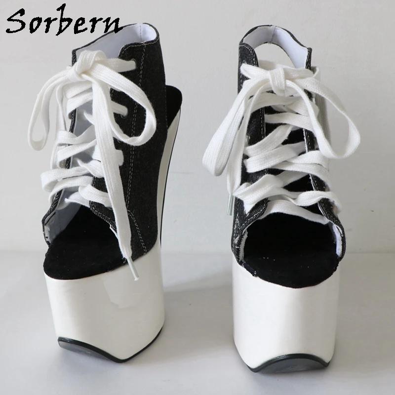 Sorbern Black And White Sandals Heelless Sneaker Ankle High Slingback Fetish Drag Queen Shoe Open Toe Thick Platform Heels