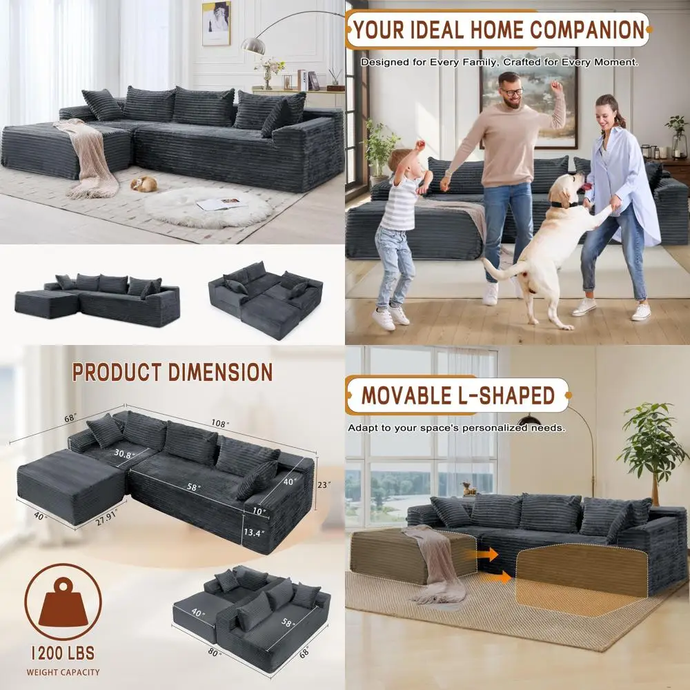 

"108 inch modular l-shape sectional sofa with chaise, cloud-soft corduroy fluffy couch for comfortable living room seating"