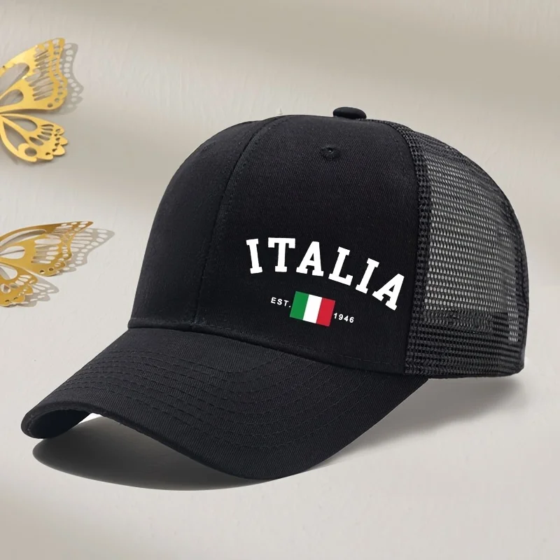 Italy Flag Side-Print Mesh Baseball Cap with Hard Top, Richardson Trucker Hat for Summer Outdoor Sports, Breathable & Adjustable