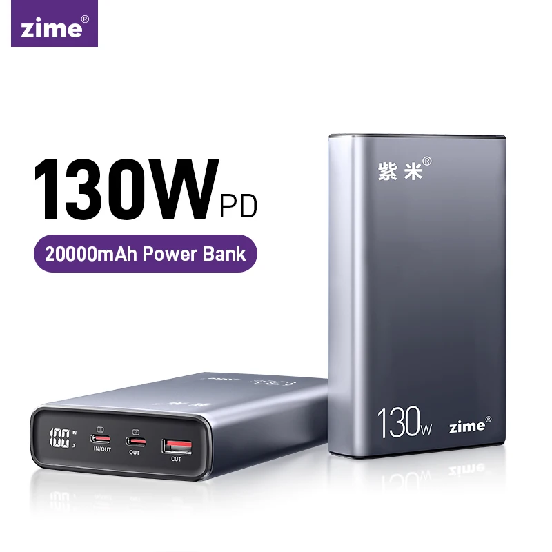 zime 130W Power Bank 20000mAh USB Type C PD Fast Charge Powerbank Portable Charger External Battery for Laptop Macbook iPhone 15