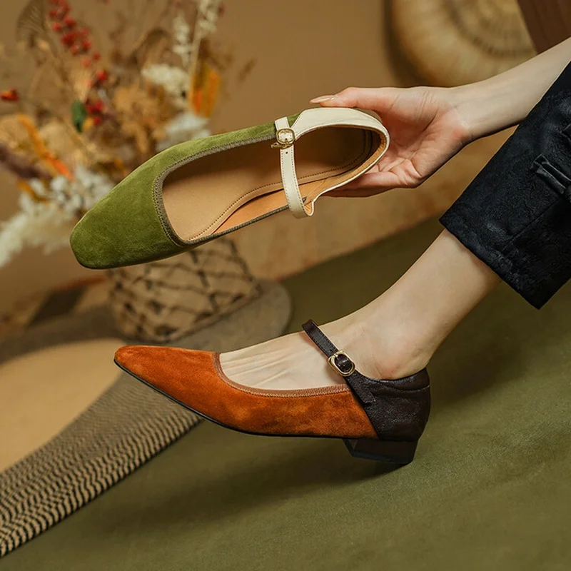 NEW Spring/Autumn Women Pumps Sheep Suede Leather Shoes for Women Square Toe Low Heel Shoes Concise Mixed Colors Mary Jane Shoes