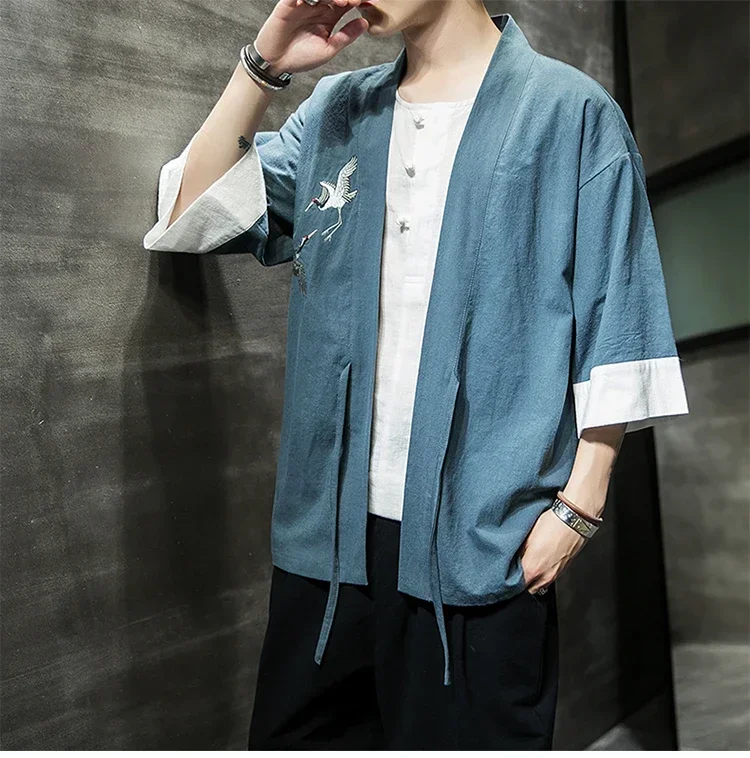 Fashion Costume Embroidery Hanfu Mens Chinese Style Robe Cardigan Jacket Oversized Kimono 5XL Ancient Coat Male