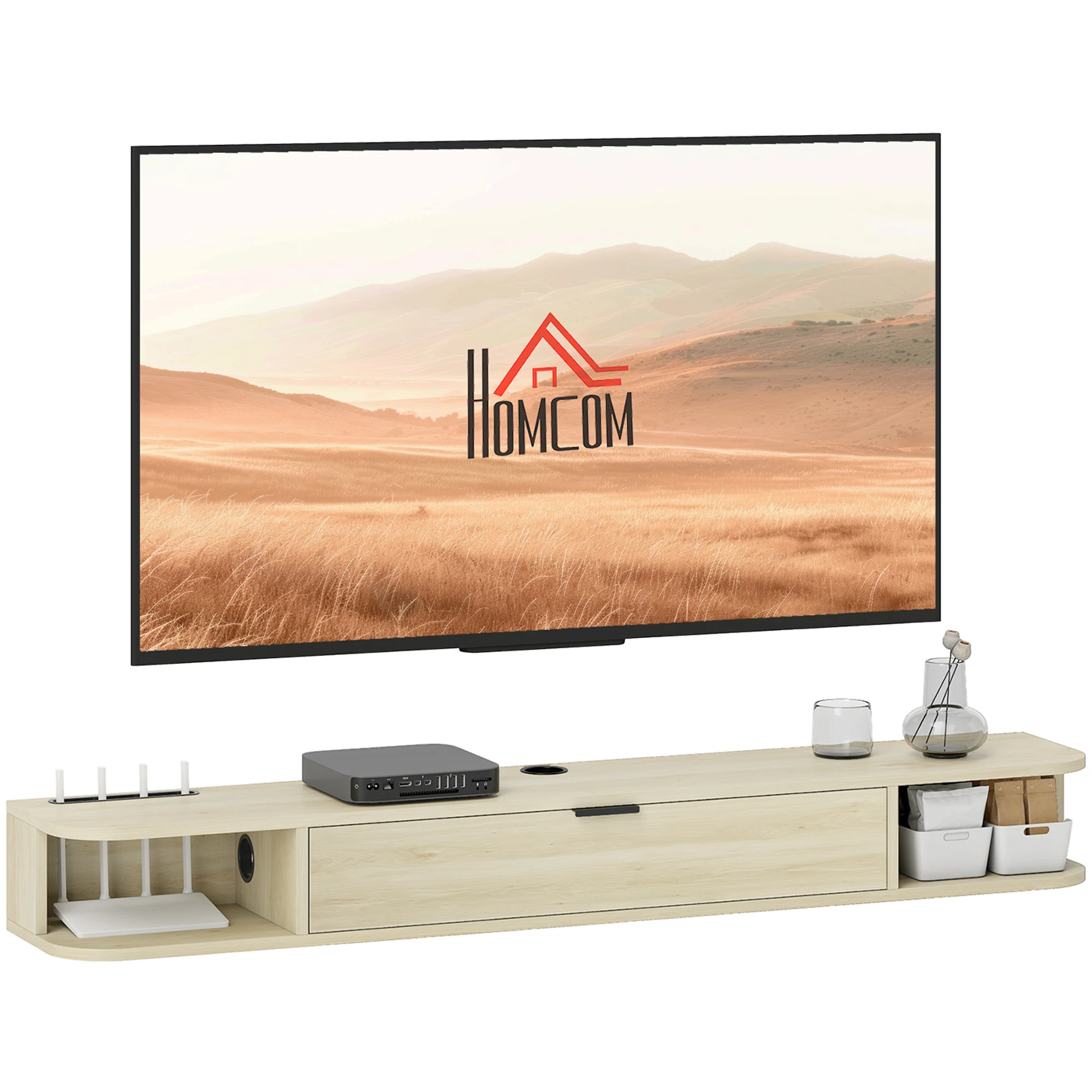HOMCOM Mueble de TV Suspendido, Mueble de TV para Salón con Cajón Abatible, 2 Estantes Abiertos, Gestión de Cables