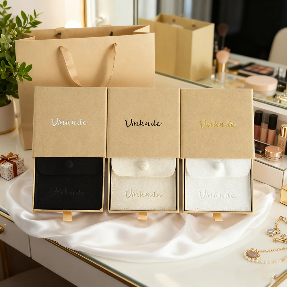 

Картонная коробка для ювелирных изделий на заказ с замшевой застежкой-конвертом из микрофибры, свадебный рождественский подарок, серьги, кольца, упаковочные коробки