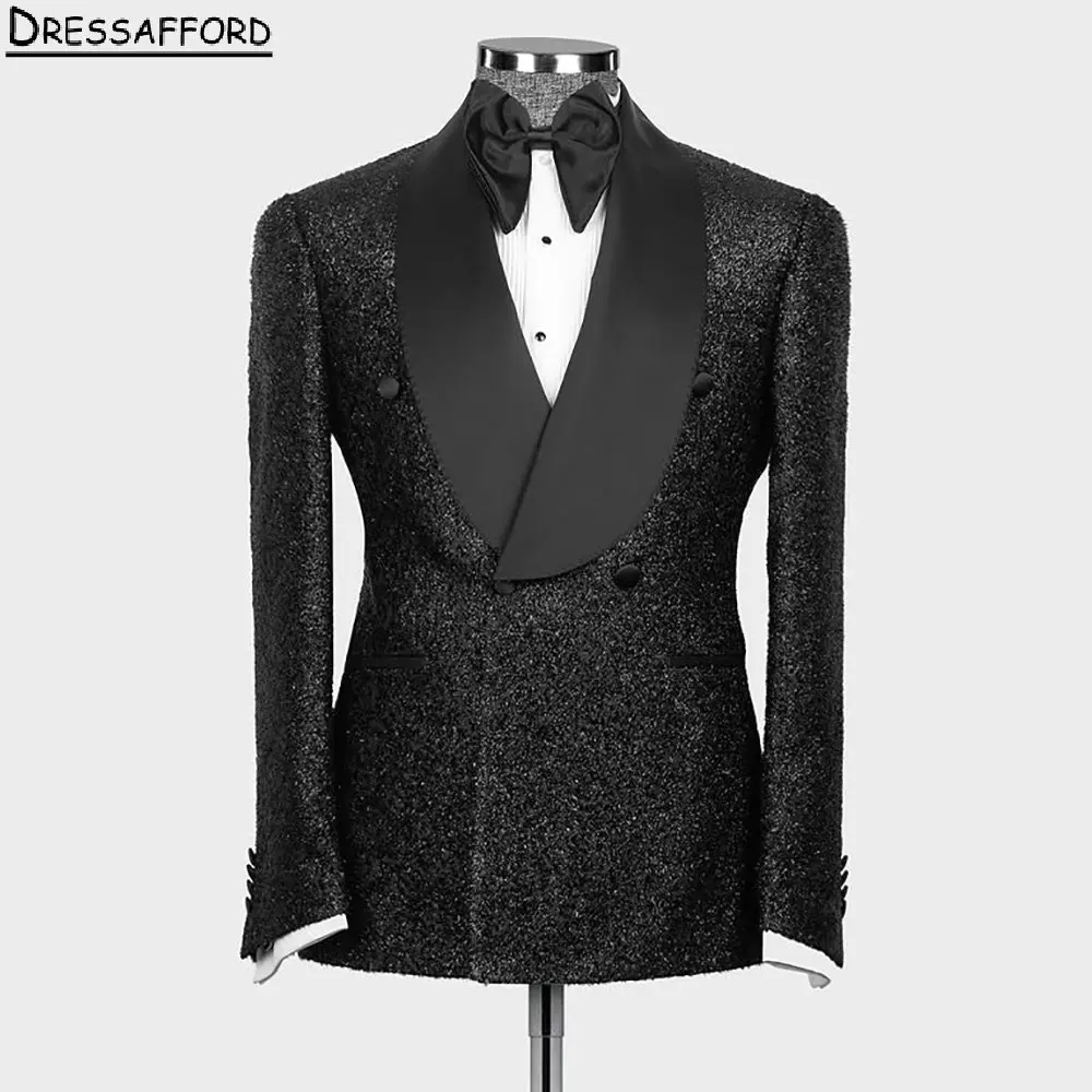 

Black Glitter Crystal Men Suits For Wedding Groom Tuxedos 2 Pieces Jacket Pants Prom Blazers Customized