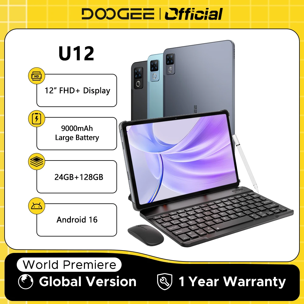 DOOGEE U12 Tablet PC Android 16 Gemini AI 12'' FHD+ Screen 24GB RAM 128GB 9000mAh Large Battery 7.8mm Ultra-thin Smart Pad