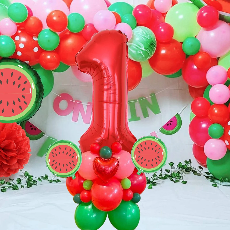 

31pcs Watermelon Balloons Tower with 1-9 Red Figure Balloon for Kids Summer Birthday Party Decoration Watermelon Party Supplies