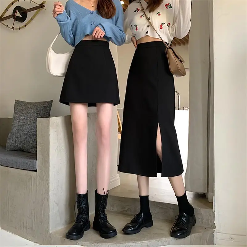 Black Mid-calf A-line Skirt for Women High Waist Korean Style OL Chic Streetwear College Friends All-match Female Bottom