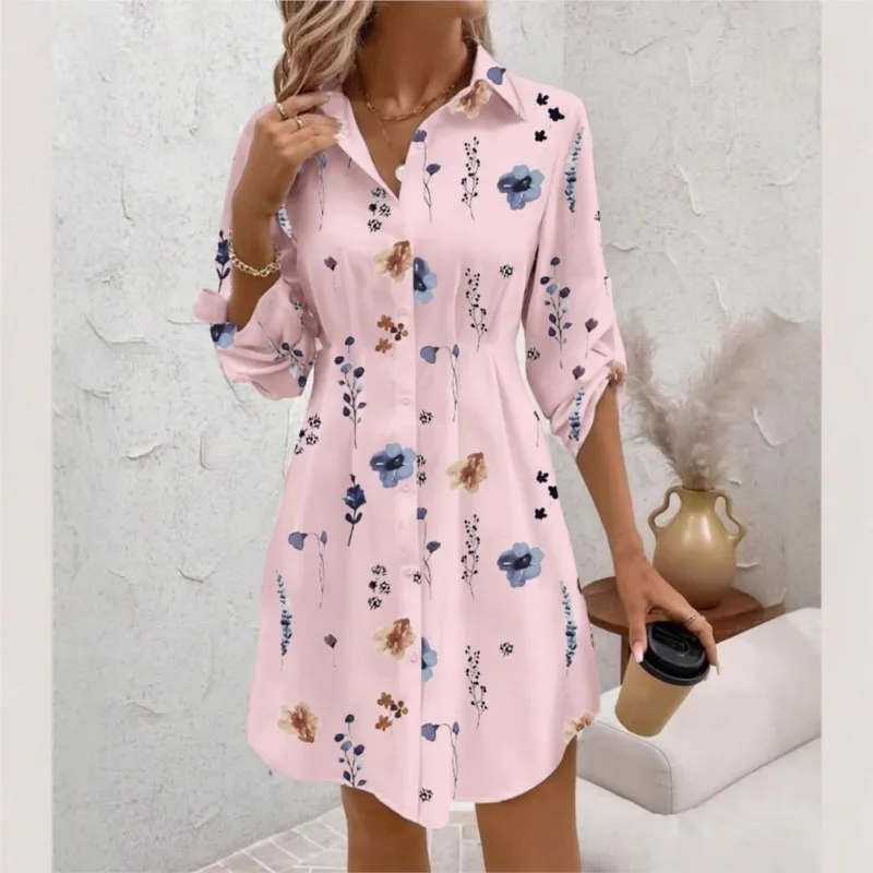 여성 셔츠 드레스 가을 캐주얼 신상 우아한 플로럴 프린트 라펠 긴팔 슬림 웨이스트 미니 드레스 여성 셔츠 베스티도스