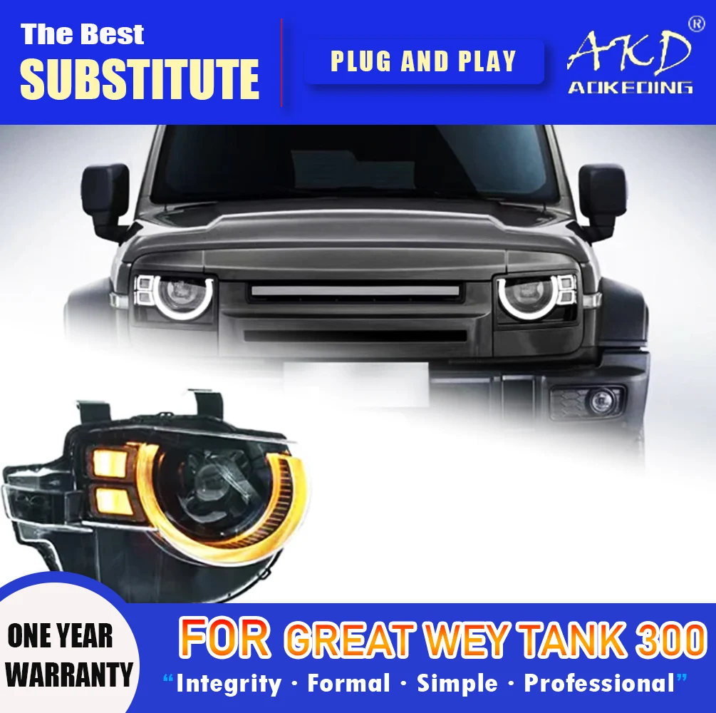 AKD Head Lamp for Great WEY Tank 300 LED Headlight 2021-2024 Headlights Tank DRL Turn Signal High Beam Angel Eye Projector Lens