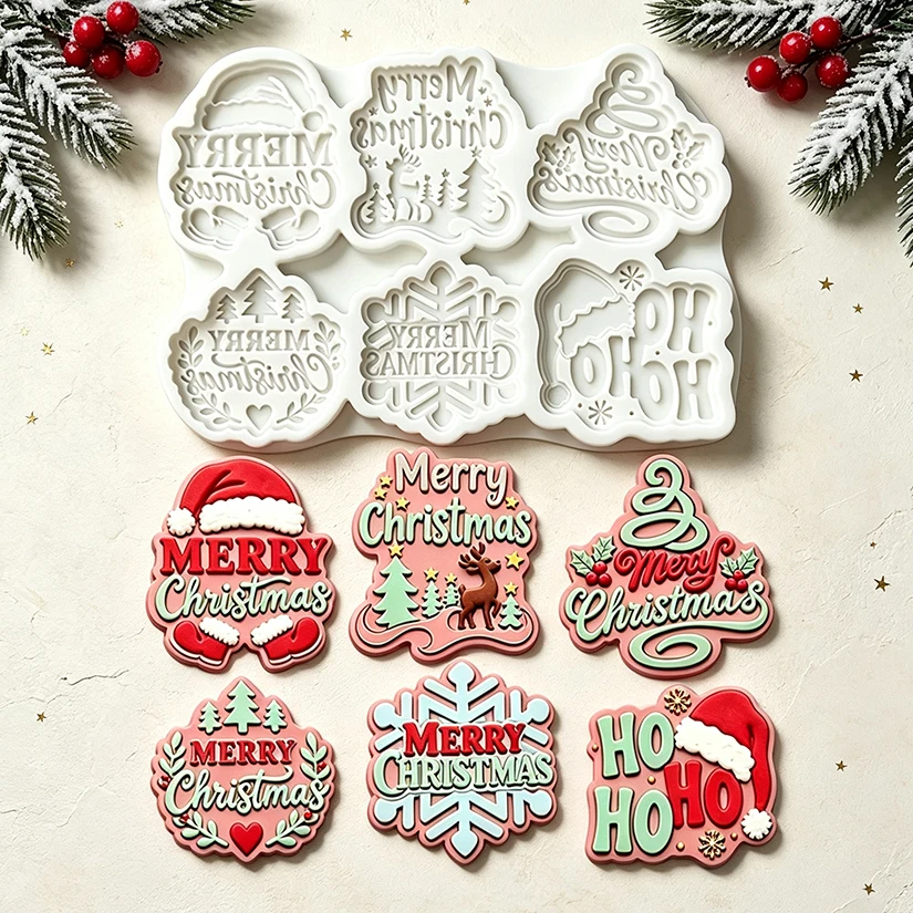 Merry Christmas Phrase Santa Snowflake Tree Silicone Mold for Sugarcraft Resin Cupcake Baking Fondant Cake Decorating Tools