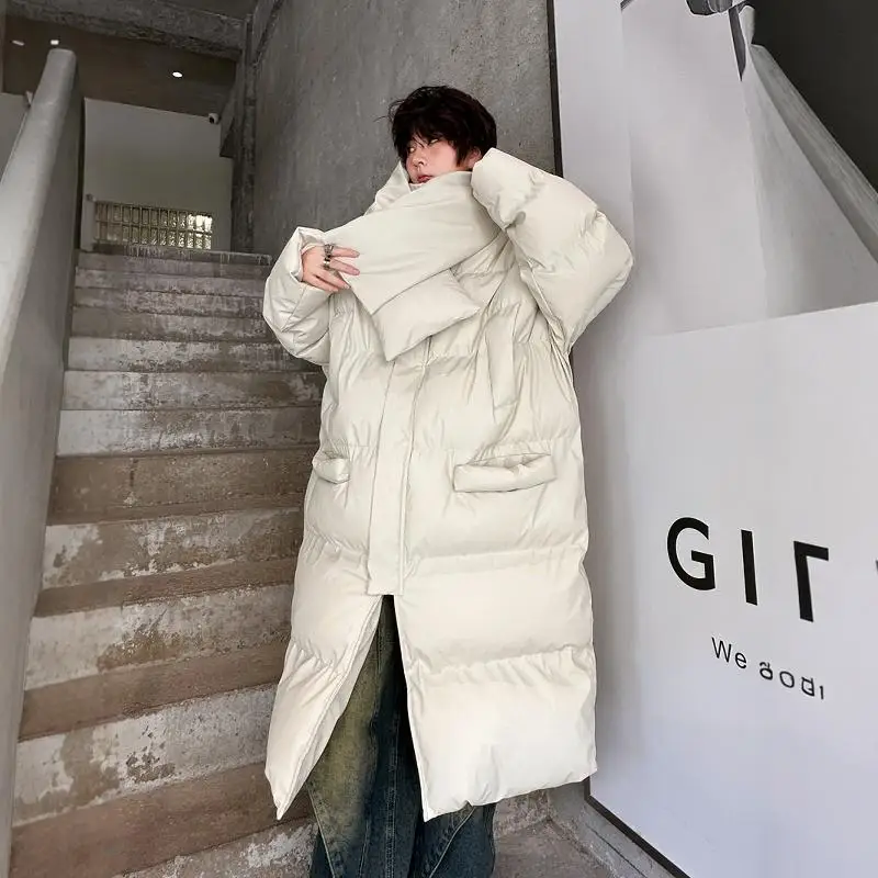 PFNW Trendy Stand Collar Oversized Mid Length Cotton-padded Coat With Scarf For Men Thickened Warm 2024 New Winter Coat 28W5405