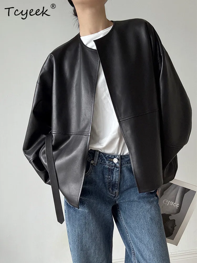 Tcyeek Echt Leren Jas Dames Lente Herfst Jassen Echte Schapenvacht Jas voor Vrouw Jassen Loose Fit Semi Plantaardig Looien