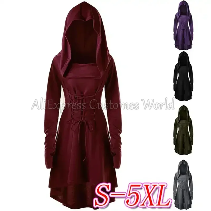 ฮาโลวีนRenaissanceยุคกลางเครื่องแต่งกายVINTAGE Gothicแม่มดElfเครื่องแต่งกายHoodedชุดมินิผู้หญิงHoodiesชุด