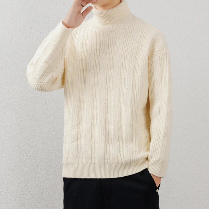 

Мужской вязаный свитер с высоким воротником, однотонный, повседневный, базовый слой, молодежный, премиум-класса, шерстяной, осенне-зимний