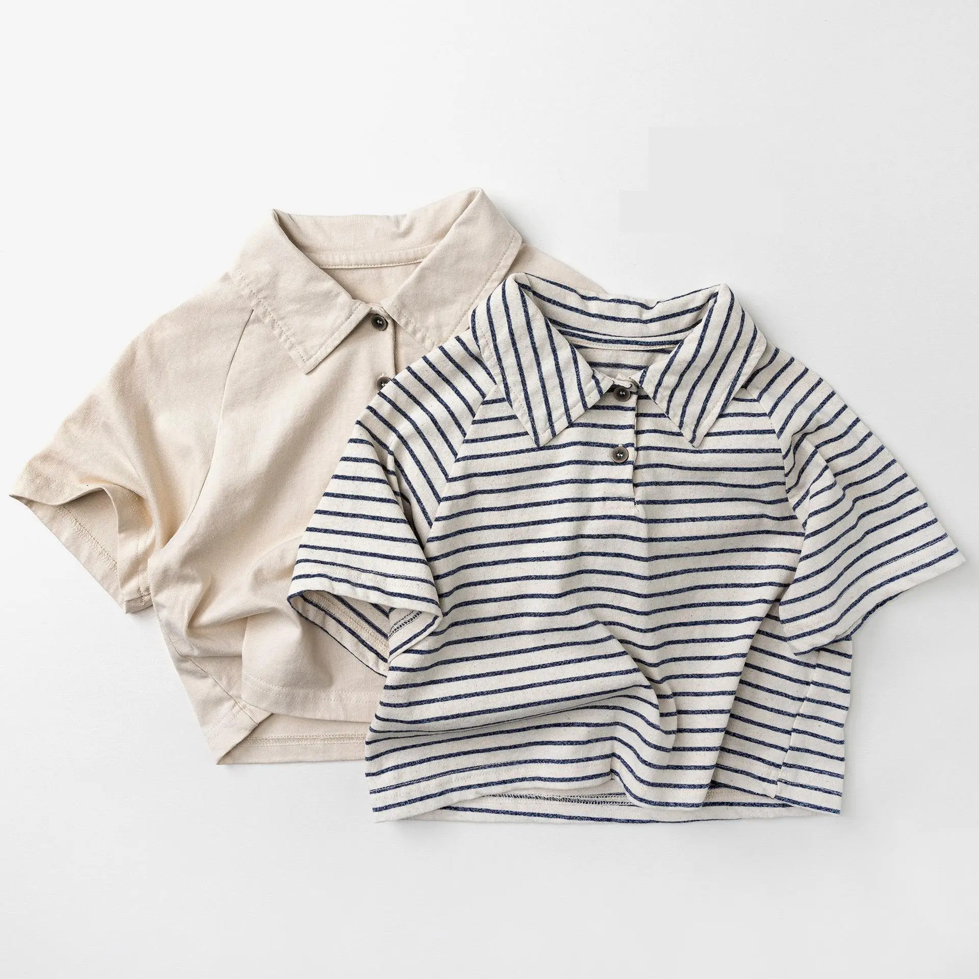 2026 Summer New Children Short Sleeve Lapel Polo Shirts Boys Girls Casual Striped T Shirts Cotton Baby Loose Tops Kids Clothes