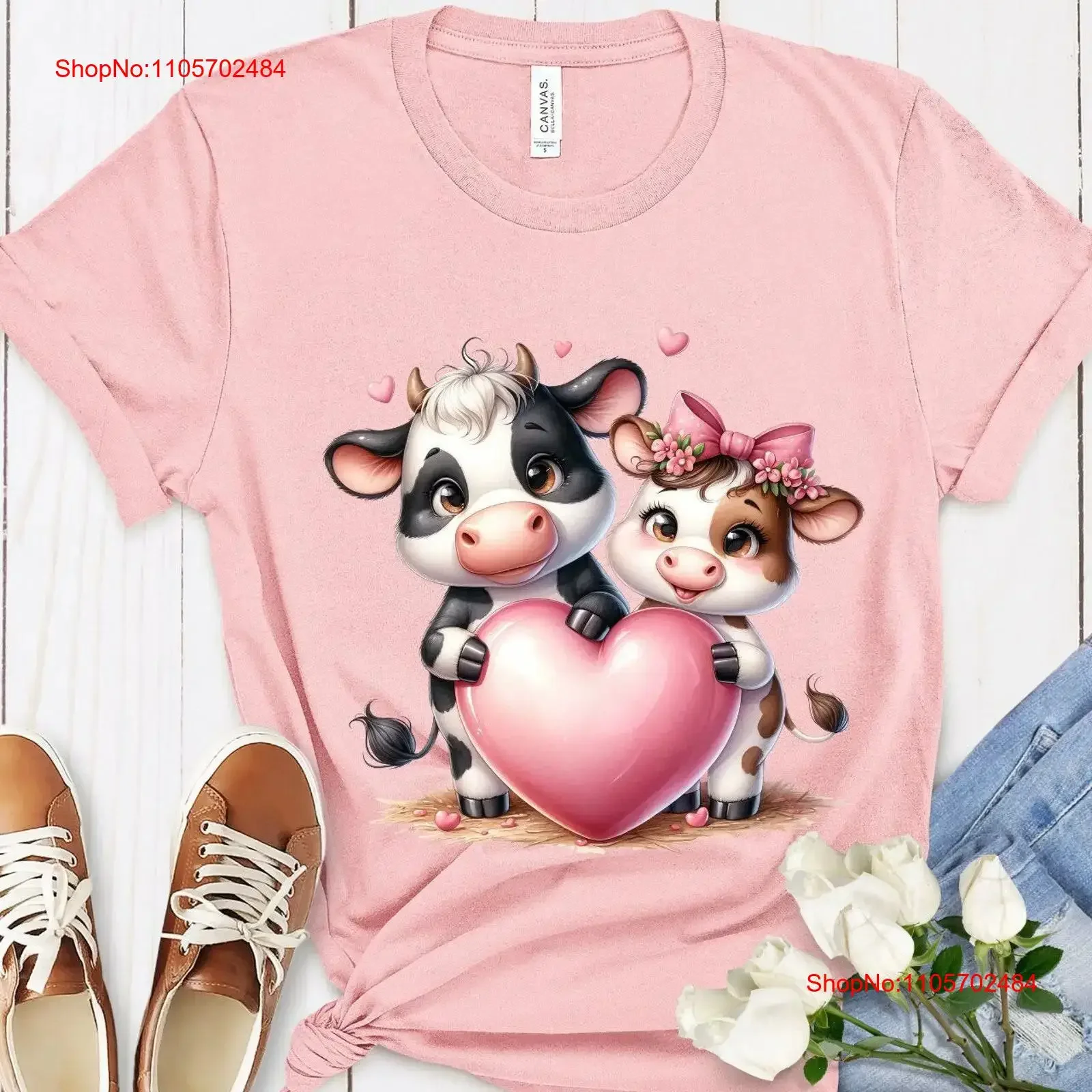 Valentine's Day T Shirt with Cartoon Farm Cows Big Heart Adorable Love Top Perfect Romantic Idea for Her Him vintage Washed