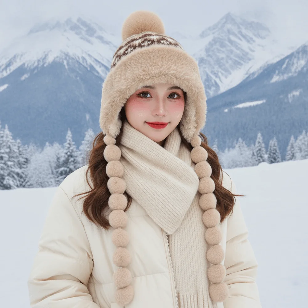 Fleece Lined Pompom Braids Hat Fur Brim Soft Yarn Fleece Knit Beanie Striped Knit Thermal Earflap Winter Cap Skating