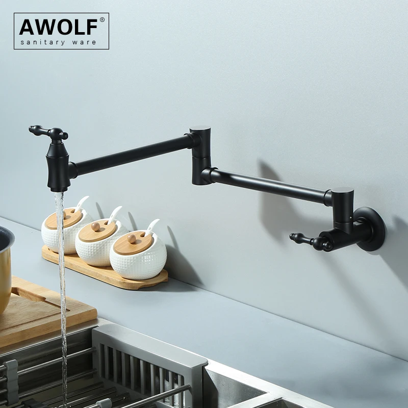 Awolf Matt Black Kitchen Faucet Solid Brass Folding Pot Filler Wall Mounted Tap with 360 Degree Rotation Spout Single Hole FW002