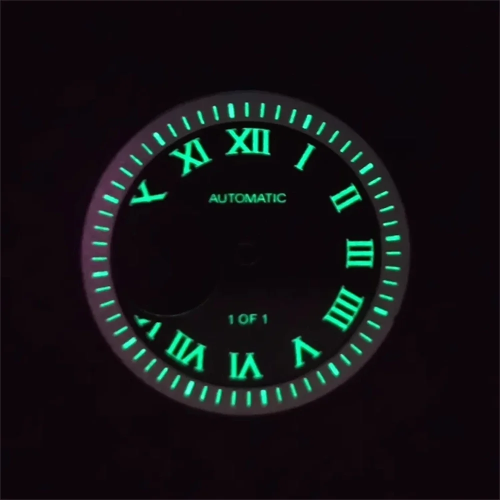 หน้าปัด NH38 28.5มม. ตัวเลขโรมันหน้าปัด Jam Tangan Hollow ใสหน้าปัดสีเขียวเข้มหน้าปัด NH38เคลื่อนไหวกลไกใหม่ DIY
