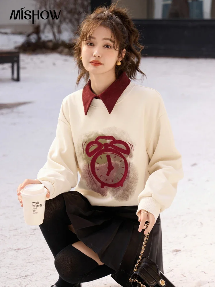 MISHOW Fleece Crewneck Sweatshirt Women Autumn Winter Oversized Pullover Loose Sweatshirts Alarm Clock Print Lady Top MXC58V0078