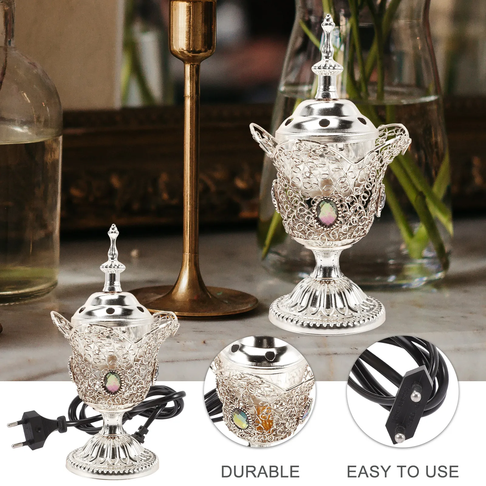 Electric Middle Eastern Incense Burner Home Sandalwood Incense Burner Metal Indoor Incense Burner Arabic Incense Burner, EU Plug