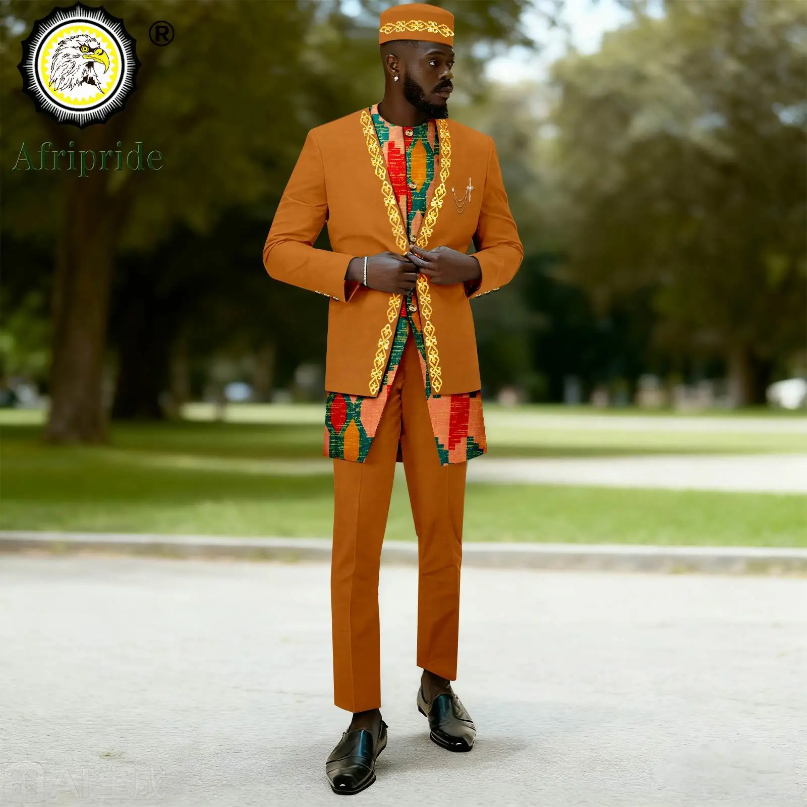 African Clothes for Men Embroidery Single Breasted Brooch Print Blazer Pants and Hats 3 Piece Set Dashiki Kaftan Wedding 2616002