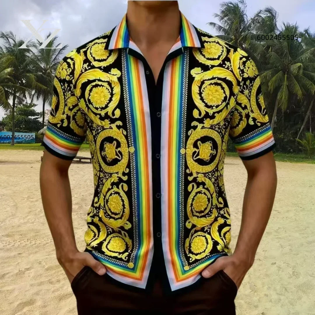 New high-quality men's short-sleeved shirt with luxurious golden Baroque cord print. Exquisite shirt. Suitable for street wear.