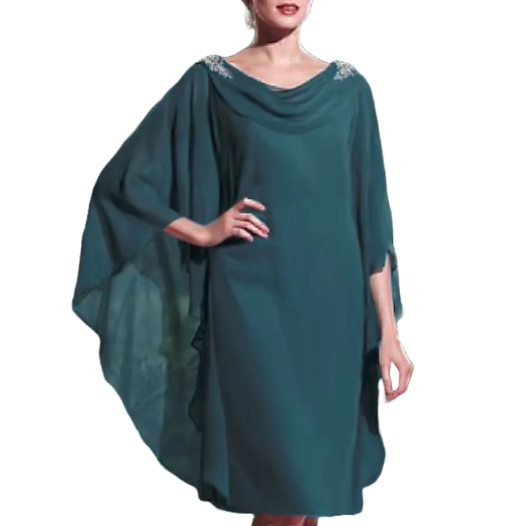 

Chic Mother of the Bride Dress in Teal Chiffon Knee Length with Beaded Shoulders and Cape Overlay Wedding Guest Attire for Women