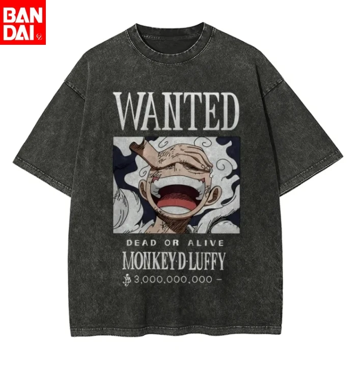 

Футболка мужская One Piece Monkey D. Луффи Gear 5 с постером Wanted, летняя, винтажная, с эффектом кислотной стирки, оверсайз, аниме, уличная одежда, 2026