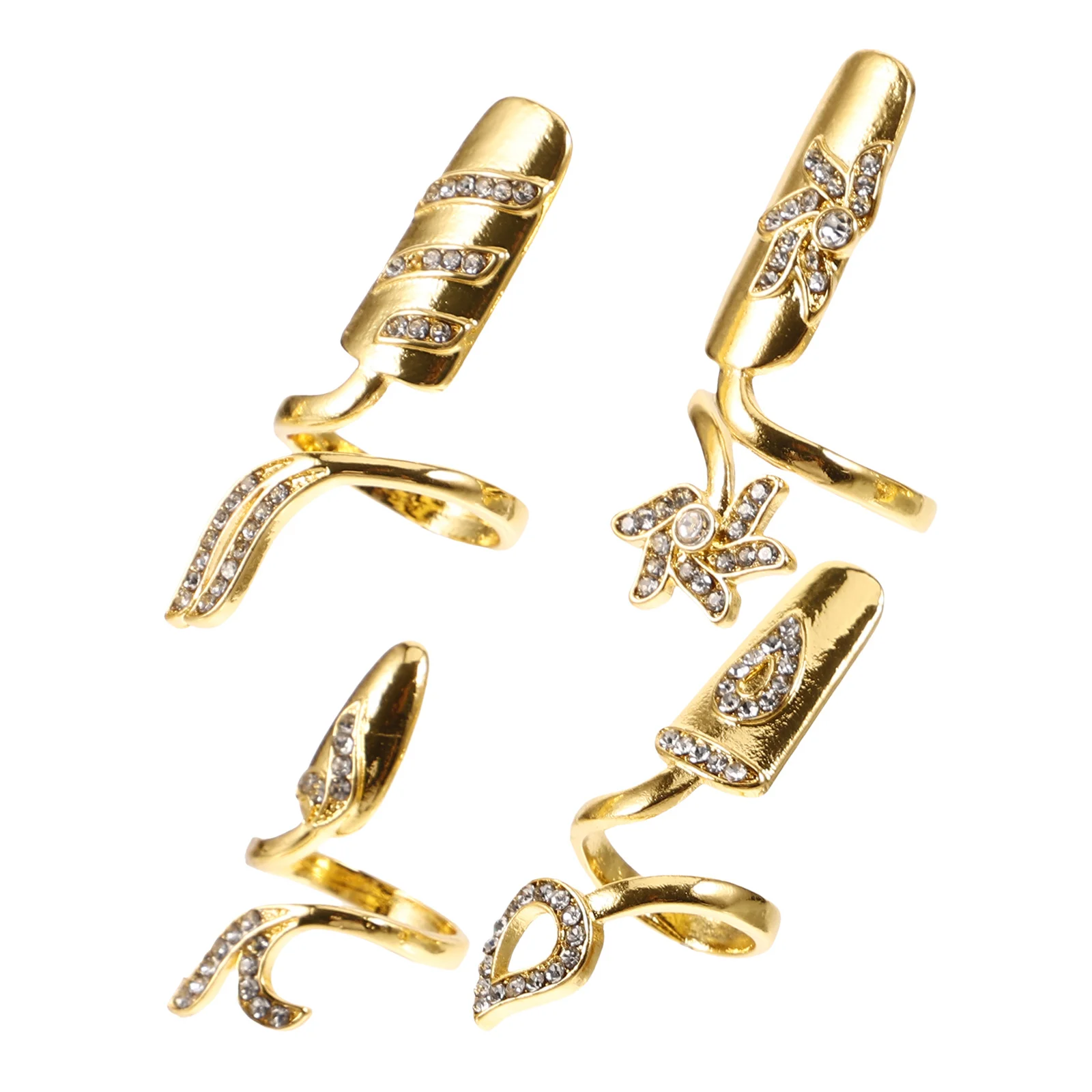 

4pcs Diamond Nail Rings Rhinestone Fingernail Set Alloy Claw Tips Elegant Hand Jewelry Wedding Prom Valentine Gift Travel Kit