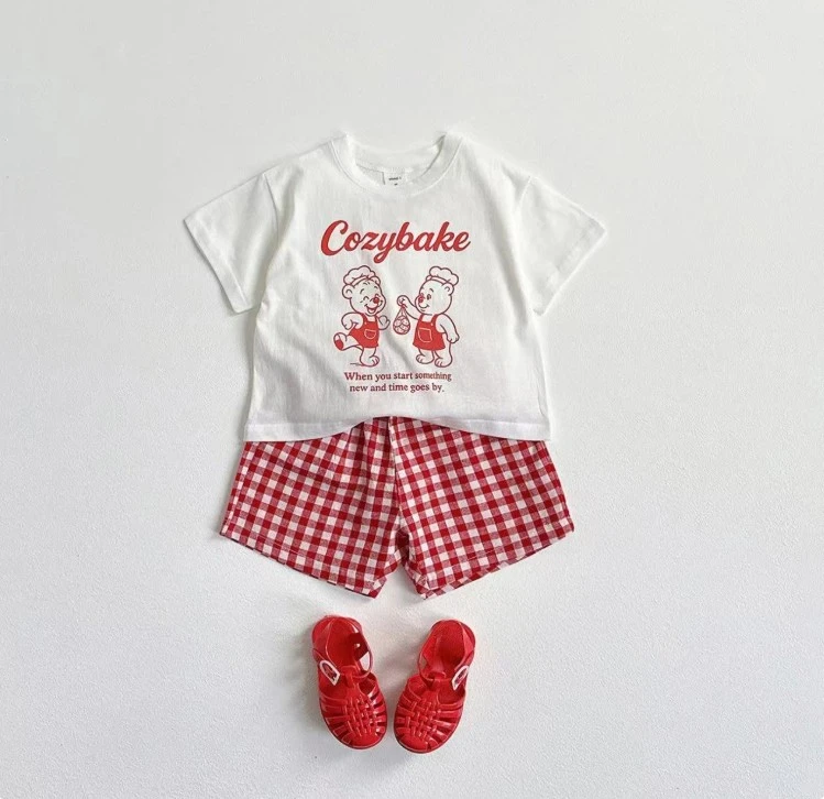 Kids Fashionable Cozybake Bear Print T Shirt And Plaid Shorts Set Multiple Cute Designs Soft Cotton Tees Set Baby Clothing Wear