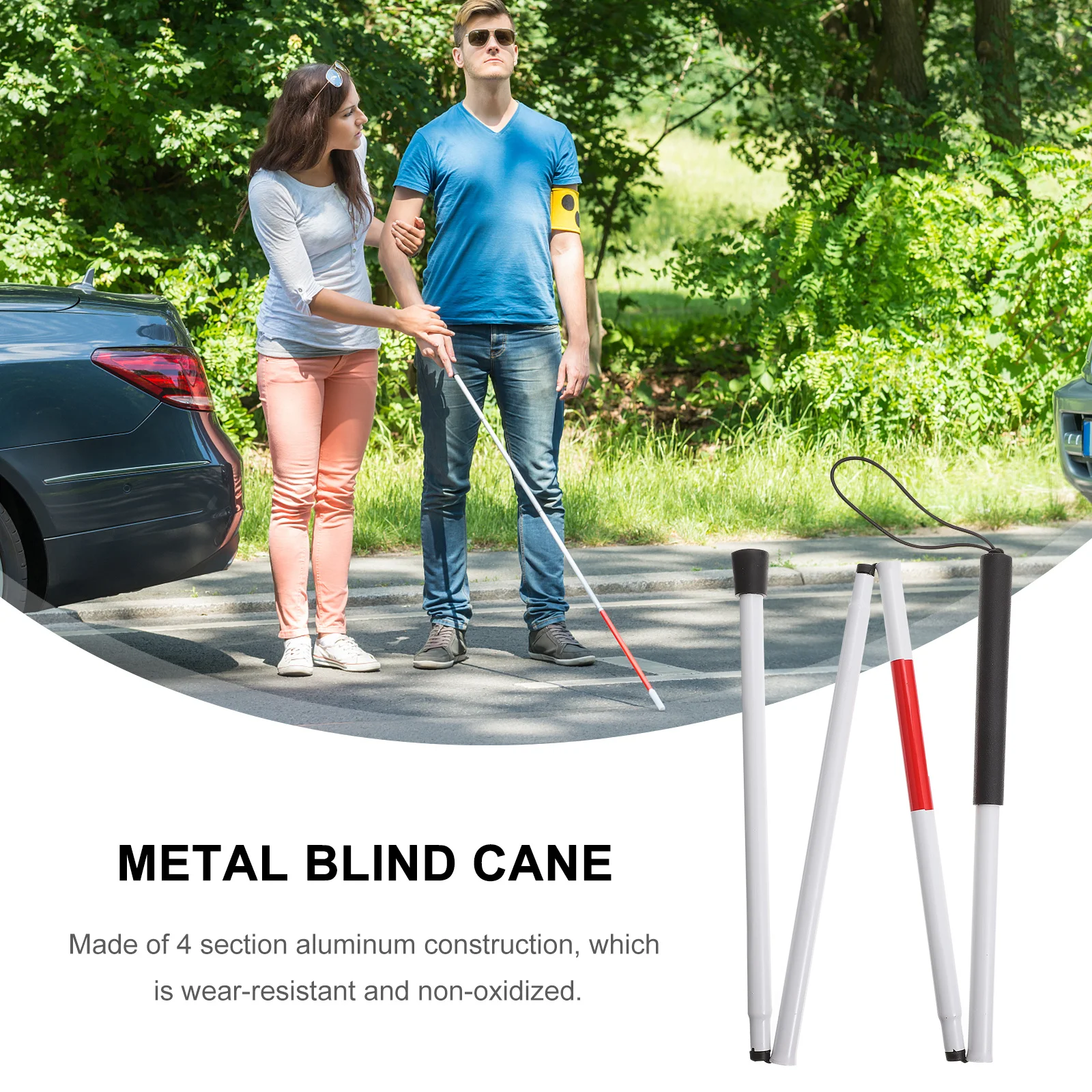 

1Pcs Four-Section Foldable Blind Cane Durable Aluminium Alloy Walk Stick Red White Reflector Tape Night Visibility Hook Rope