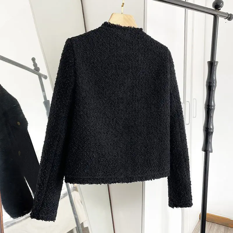 Black Small Fragrant Style Jacket Short Style New Spring Autumn Thin Style Temperament Socialite Coarse Tweed Long Sleeved Top