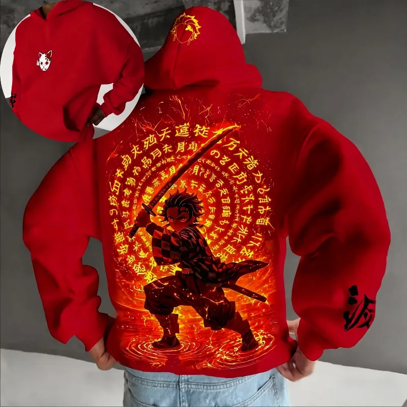 Męskie bluzy z kapturem na jesień i zimę, grafika z japońskiego anime Demon Slayer Tanjirou, odzież oversize, bawełniane topy, Harajuku Y2k, pulower