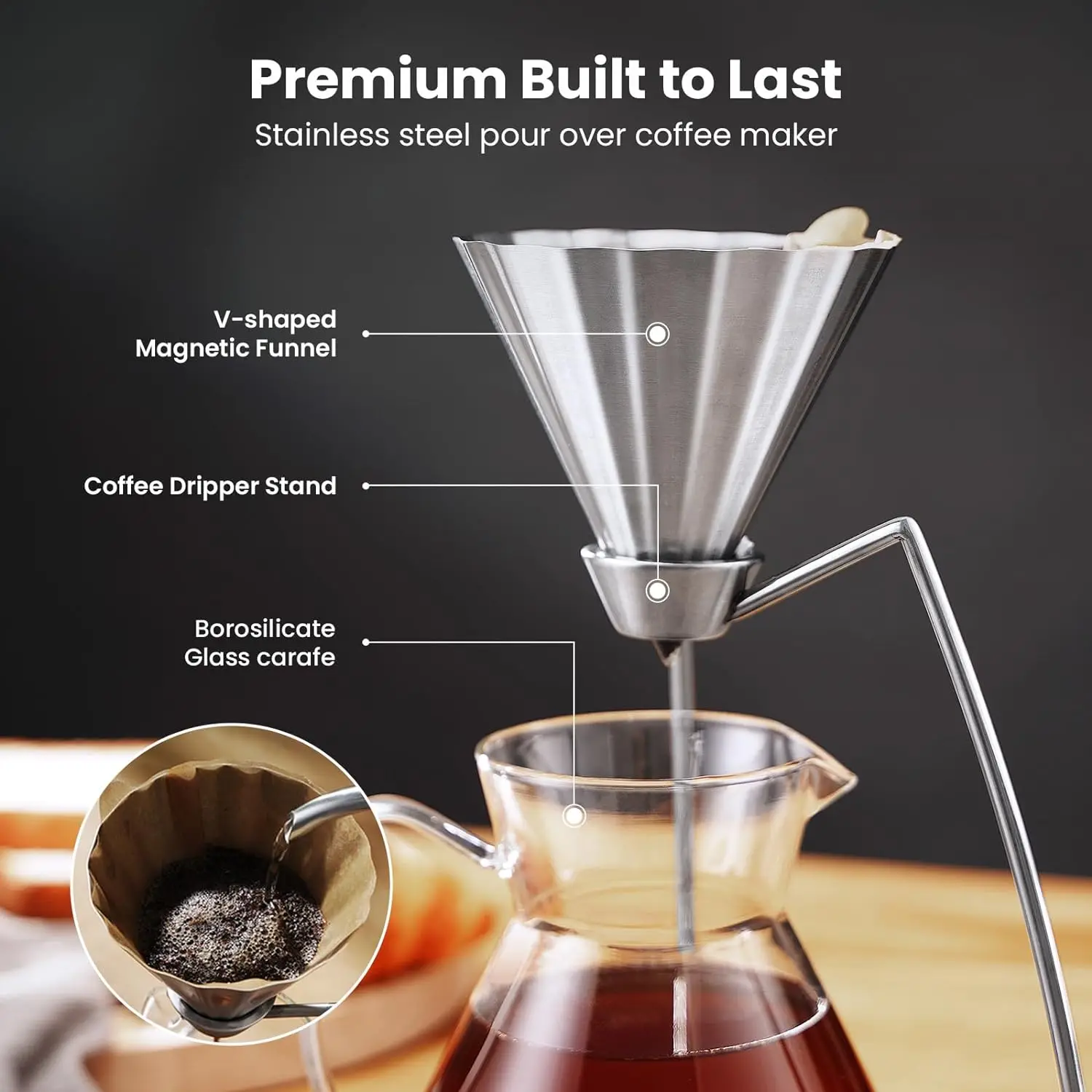 Maestri House Pour Over Coffee Maker Magnetic Coffee Dripper and 600ML Carafe Coffee Server Drip Coffee Maker with Metal Base