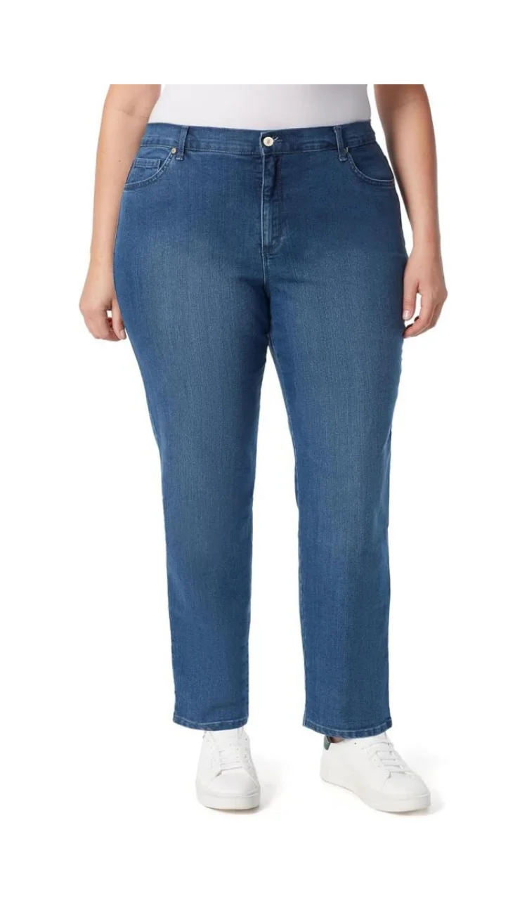 ZMTUO Calça jeans feminina solta reta de cintura alta com nove pontos stretch lavada tamanho grande